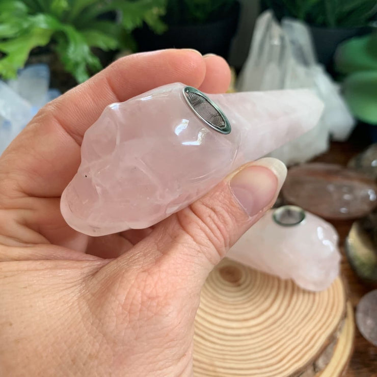 Rose Quartz Crystal Skull Pipe